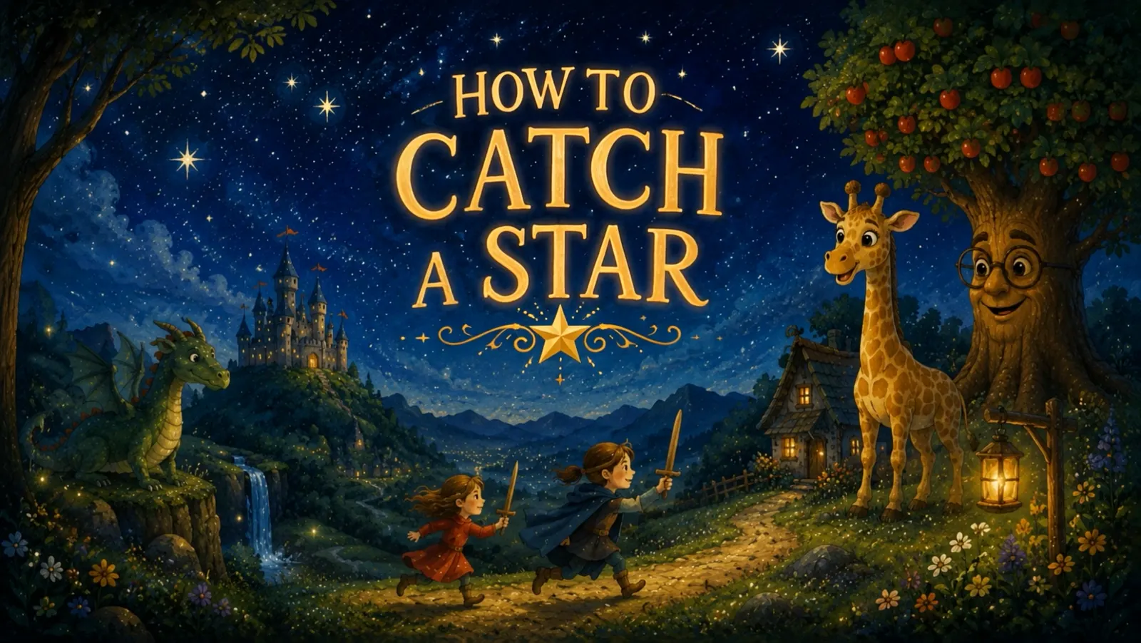 Fotograma de la animación de How to Catch a Star, con estética de libro ilustrado nocturno